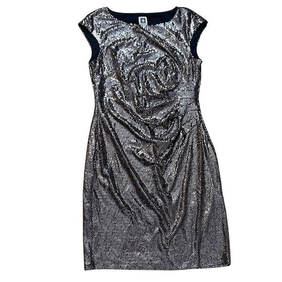 Anne Klein Cap Sleeve Side Ruched Silver Metallic Dress Women's Size 10 - Picture 2 of 6